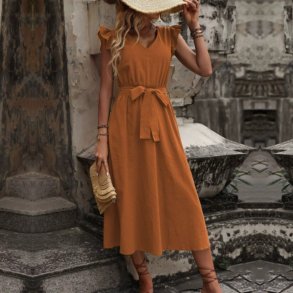 ZARA Sexy Backless Waist Cinching Flared Rustic Vacation Dress